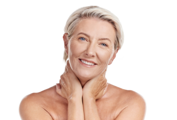 Portrait of a happy mature caucasian woman posing topless against pink background copyspace . Happy senior woman with glowing skin. Good skincare and a healthy routine is self care for your skin