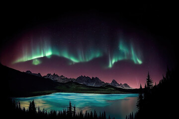 AI generated image gorgeous, unreal beautiful night view of the northern lights or Aurora borealis above a lake surrounded by mountains and trees 