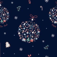 Fototapeta na wymiar Christmas seamless pattern. Christmas tree ball from New Years decor on blue background with snowflakes and gingerbread. Vector illustration. Winter pattern for decor, design, packaging and print