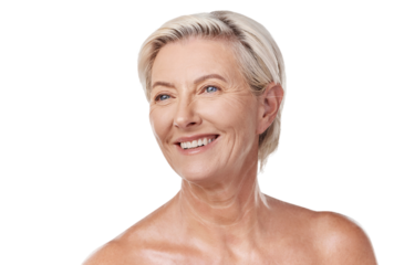 Beautiful mature caucasian woman posing topless and isolated against a pink background copyspace . Happy senior woman with glowing skin. Good skincare and a healthy routine is self care for your skin