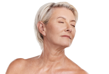 Beautiful mature caucasian woman posing topless and isolated against a pink background copyspace . Happy senior woman with glowing skin. Good skincare and a healthy routine is self care for your skin
