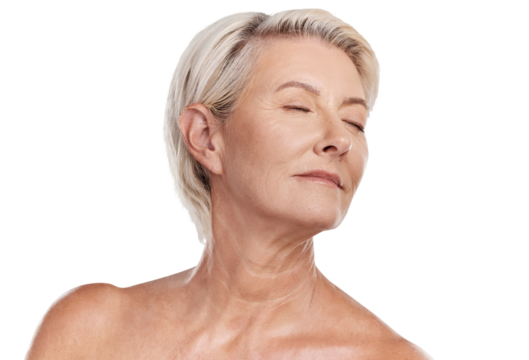 Beautiful mature caucasian woman posing topless and isolated against a pink background copyspace . Happy senior woman with glowing skin. Good skincare and a healthy routine is self care for your skin