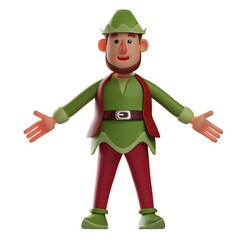   3D illustration. Warm Elf 3D Cartoon Character opens his arms wide. in a strange pose. showing a cheerful smile. 3D Cartoon Character
