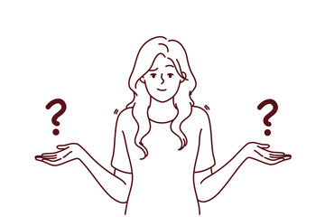 Confused woman feel frustrated making choice or decision. Distressed female have dilemma deciding or choosing. Vector illustration. 