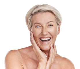 Portrait of a happy smiling mature caucasian woman looking positive and cheerful while caring for her skin in a studio against purple copyspace background. Older woman doing her skincare routine