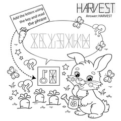 Puzzle Game for children. Coloring Page Outline Of cartoon cute bunny or rabbit with a watering can and with carrot and cabbage. Coloring Book for kids.