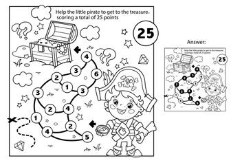 Math addition game. Puzzle for kids. Maze. Coloring Page Outline Of Cartoon pirate with chest of treasure. Coloring Book for children.