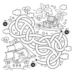 Maze or Labyrinth Game. Puzzle. Tangled road. Coloring Page Outline Of cartoon pirate ship with treasure island. Coloring book for kids.
