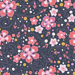 Retro floral seamless pattern, vintage botanical repeatable print on dark background - 537193948