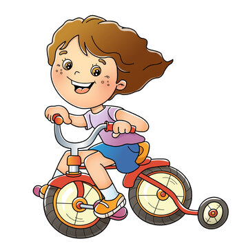 Cartoon fun girl on a bicycle or bike. Outdoor games on playground. Summer activity. Colorful vector illustration for kids