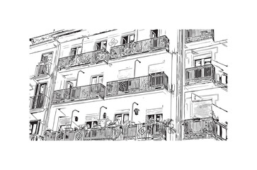Fototapeta na wymiar Building view with landmark of Pamplona is the city in Spain. Hand drawn sketch illustration in vector.
