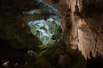 Fairy views from The Frasassi Caves (Italian: Grotte di Frasassi) - the most famous show caves in Italy. The karst cave system is located in the municipality of Genga, Ancona, Marche, Italy.