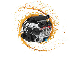 Car engine with splash of oil. Engine oil. Vehicle lubricants - obrazy, fototapety, plakaty