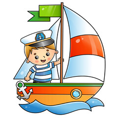 Cartoon sail ship with sailor. Images of sea transport for children. Colorful vector illustration for kids.