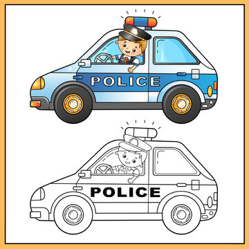 Coloring Page Outline Of cartoon policeman with car. Profession - police. Image transport or vehicle for children. Coloring book for kids.