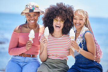 Friends, ice cream and smile at ocean to relax, vacation or holiday in summer. Black woman, happy...