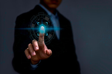 Businessman's hand scans fingerprints for identity verification Biometrics. cybersecurity code concept