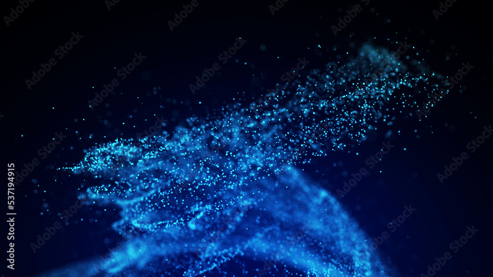 Poster futuristic particle swirl. dynamic flow of abstract dust in cyberspace. explosion of scientific data