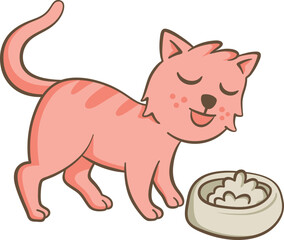 Cat eating his food. Cute illustration of a cat eating its food. Vector illustration on white background.