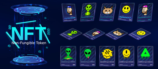3D token NFT cards in crypto artwork. NFT maps with art in perspective, top view in isometric and frontal view. Non-fungible token with information from the blockchain. ERC20. 3D pixel arts. Vector - obrazy, fototapety, plakaty