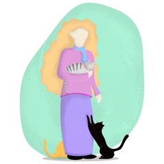 Girl with cats, flat character illustration