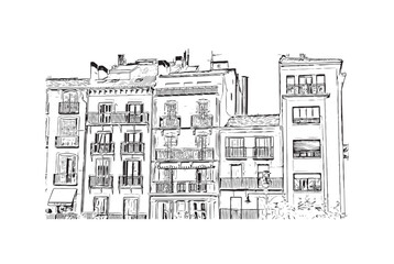 Building view with landmark of Pamplona is the 
city in Spain. Hand drawn sketch illustration in vector.