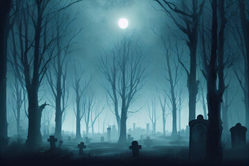 Creepy Graveyard at Night, Halloween Background, Concept Art, Digital Illustration