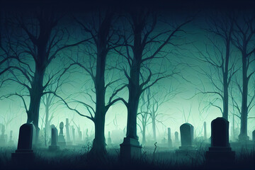Creepy Graveyard at Night, Halloween Background, Concept Art, Digital Illustration