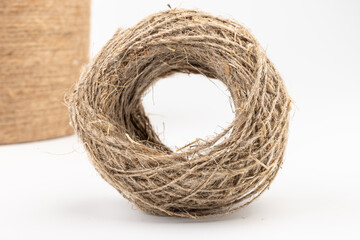 Jute twine isolated on white background. hank of twine close-up.