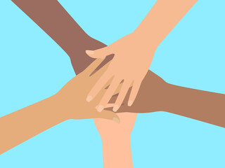 Group of people putting hands together. Concept of community, equality. Vector illustration in flat style.