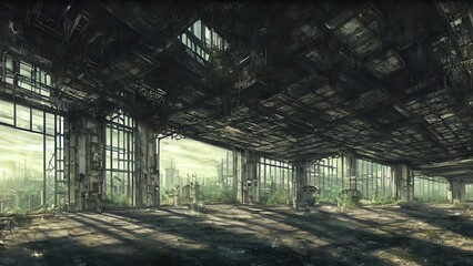 Fototapeta na wymiar Abandoned plant overgrown with vegetation. concept art, interior.