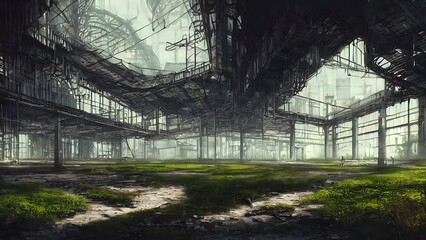 Obraz premium Abandoned plant overgrown with vegetation. concept art, interior.