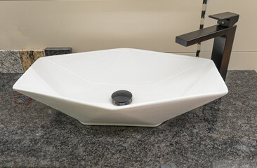Fototapeta premium New White Sink with Faucet, Contemporary Wash Basin, Washbasin, Wash Bowl, Bathroom Interior