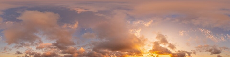 Dark blue sunset sky panorama with pink Cumulus clouds. Seamless