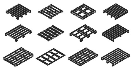 Wooden pallet vector illustration on white background . Isolated black isometric set icon wood container.Isometric vector black set icon wooden pallet.