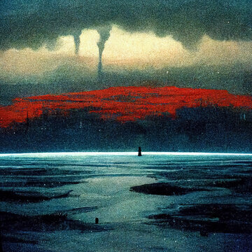 Red Dramatic Sky With Blue Apocalyptic Field, Armageddon Scene With Clouds Or Smoke Far Away, Lonely Quiet Scene Mysterious Fantastic Field With Nobody There Abstract Landscape