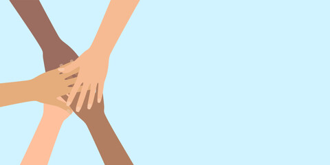 Group of people putting hands together. Concept of community, equality. Vector illustration in flat style.