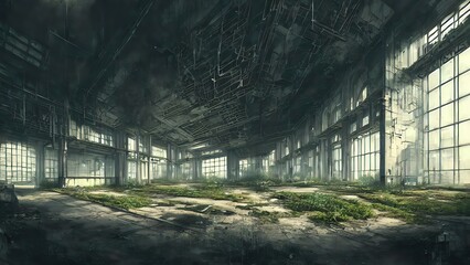 Abandoned plant overgrown with vegetation. concept art, interior.