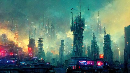 Cyberpunk city with futuristic skyscrapers and high towers