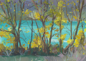 Autumn landscape lake gouache painting. Beautiful calm pastel autumn landscape. The author's illustration is handmade. Modern art realism in painting. Layout for the design of notebooks, postcards
