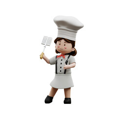 3d rendering female chef holding grill
