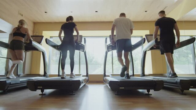 Back view zoom out and in shot of men and women in sportswear running on treadmills in gym