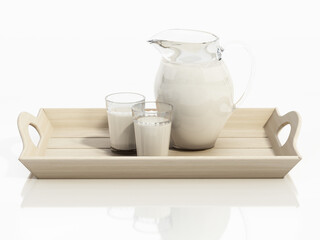 Milk in glass jug and glasses on wooden tray. 3D illustration