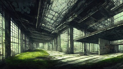 Fototapeta na wymiar Abandoned plant overgrown with vegetation. concept art, interior.