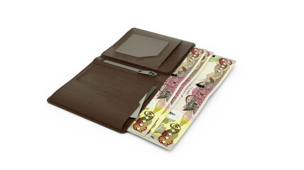 3D rendering of Iraqi dinar notes in wallet