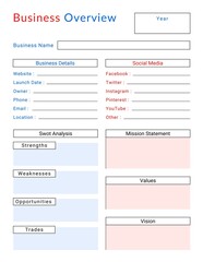Business Overview Planner Template. Colourful Business Overview Planner Template. Downloadable Planner Template.