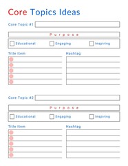 Core Topics Ideas Planner Template. Colourful Core Topics Ideas Planner Template. Downloadable Planner Template.