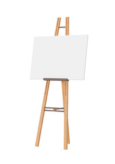 Empty horizontal canvas on wooden easel, on transparent background. Free, copy space for your picture. Artwork presentation. Canvas mock up. Cut out object. 3D rendering.