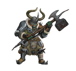 Naklejka premium Fantasy creature - orc warrior attack. Fantasy illustration. Goblin with ax drawing.