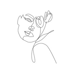 Woman Head with Flowers Line Vector Drawing. Style Template with Female Face with Flowers. Modern Minimalist Simple Linear Style. Beauty Fashion Design 